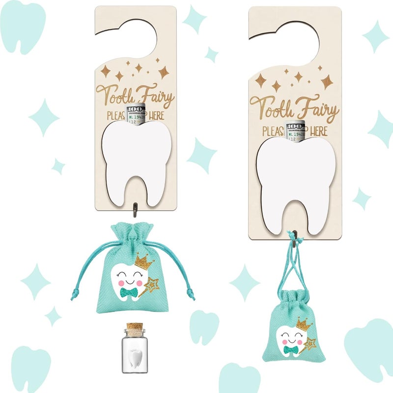 AINBIN Tooth Fairy Door Hanger, Tooth Fairy Kit Tooth Holder with Money Slot, Keepsake Bottle & Burlap Pouch for Lost Teeth, Encourage Gift for Boys Girls, Lake Blue - Image 1